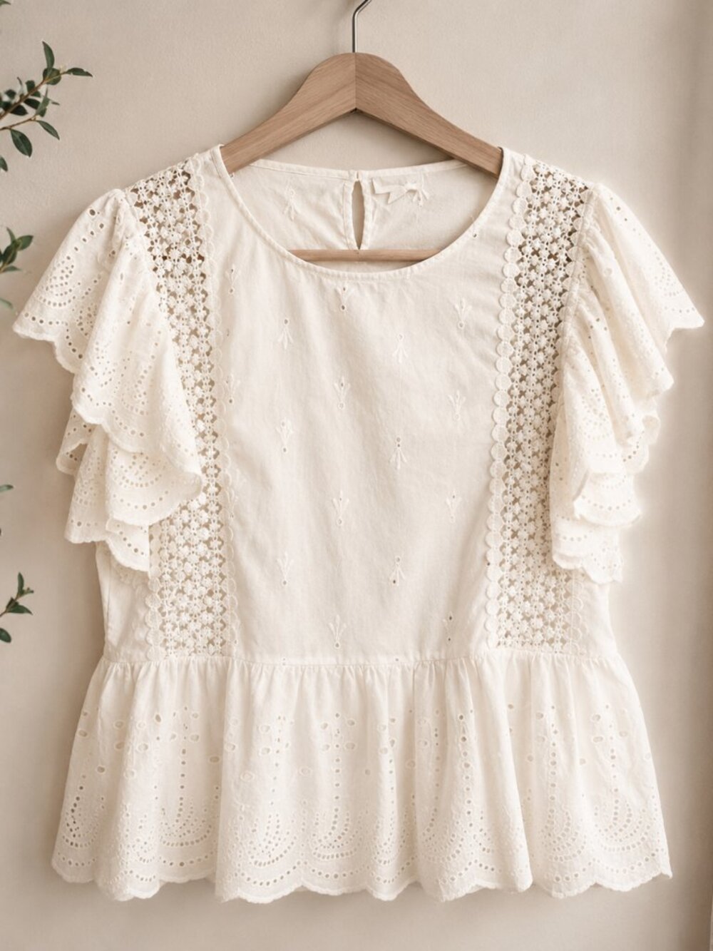 Jennifer & Grace White Eyelet Embroidered Ruffle Peplum Blouse XL Cottagecore